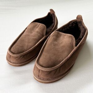 LL Bean Shearling Slippers Mens 11 Brown Suede Lined Moccasin House Shoes
